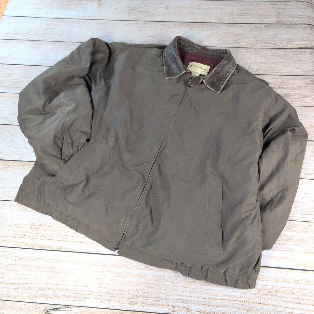 Eddie Bauer Vintage Bomber Jacket M XXL Olive Green Leather Collar Quilted chore